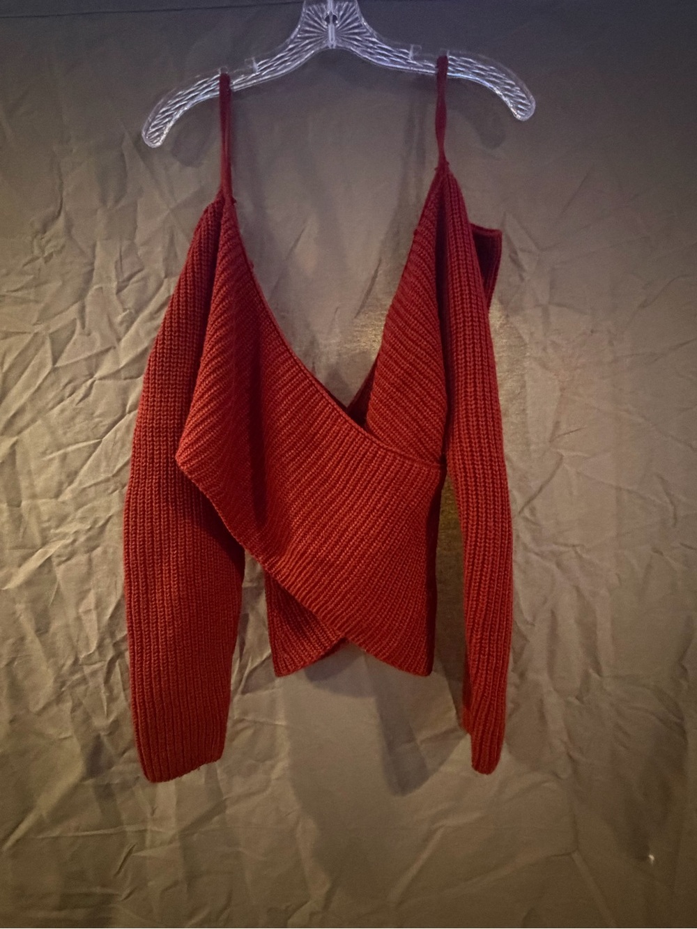 Ribbed Cold-Shoulder Wrap Sweater - Rust Red